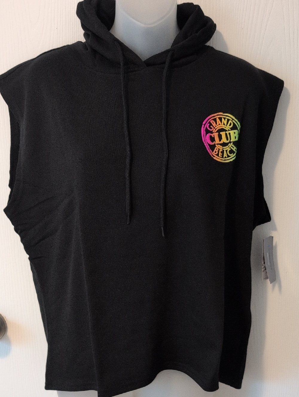 NWT Black Sleeveless Hoodie with Neon Grand Club Beach Logo. Ladies Medium.
